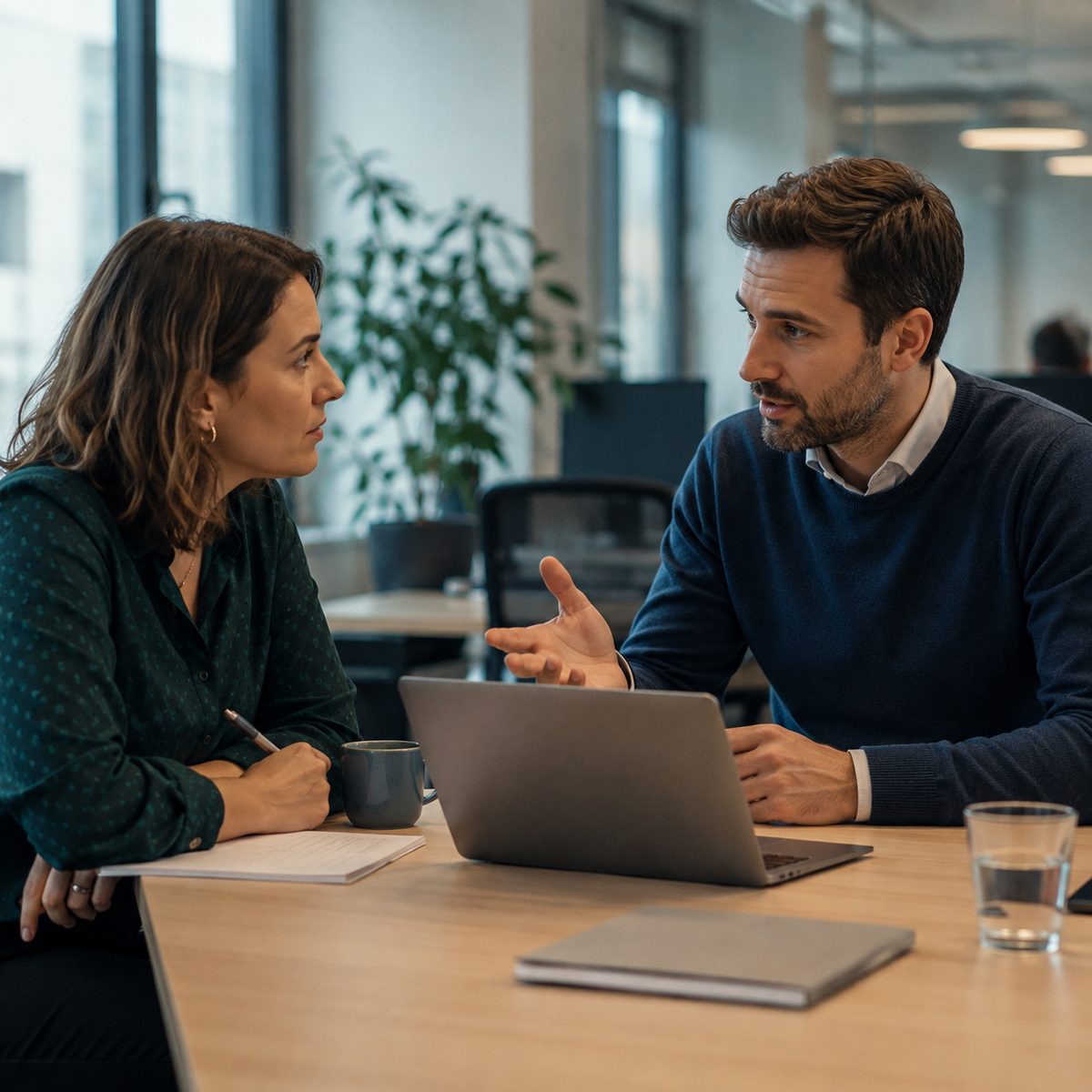 Zwei Personen im Arbeitsgespräch an einem Tisch mit Laptop und Notizen