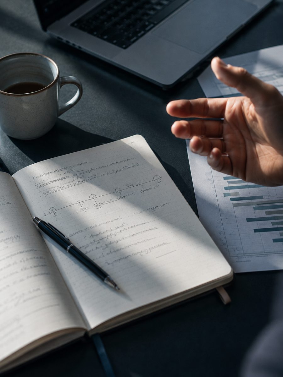Notizbuch mit handgezeichnetem Zeitplan neben Laptop und Kaffeetasse